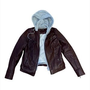 JOU JOU HOODED FAUX LEATHER MOTO JACKET